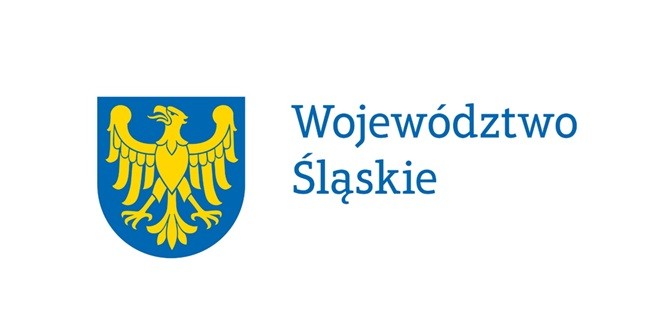 Logo Województwa Śląskiego składa się z niebieskiej tarczy herbowej ze złotym orłem oraz napisu „Województwo Śląskie” umieszczonego po prawej stronie.