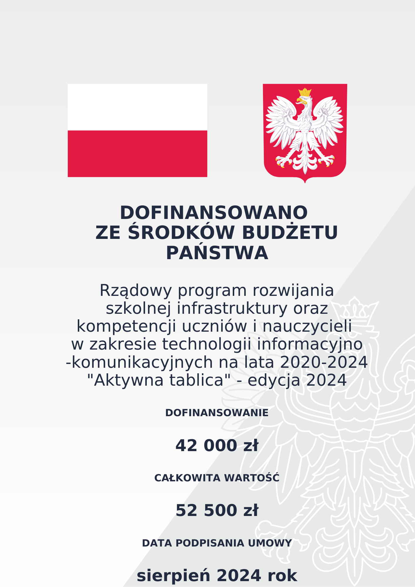 Grafika informuje o dofinansowaniu ze środków budżetu państwa w ramach programu "Aktywna Tablica" na lata 2020-2024. Wartość dofinansowania wynosi 42 000 zł, a całkowita wartość projektu to 52 500 zł. Data podpisania umowy: sierpień 2024 rok.