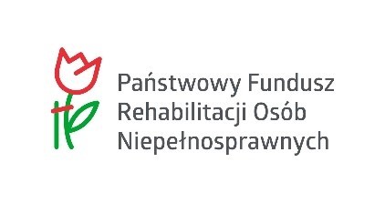 Logo Państwowego Funduszu Rehabilitacji Os&oacute;b Niepełnosprawnych z czerwono-zielonym symbolem kwiatu oraz nazwą instytucji.