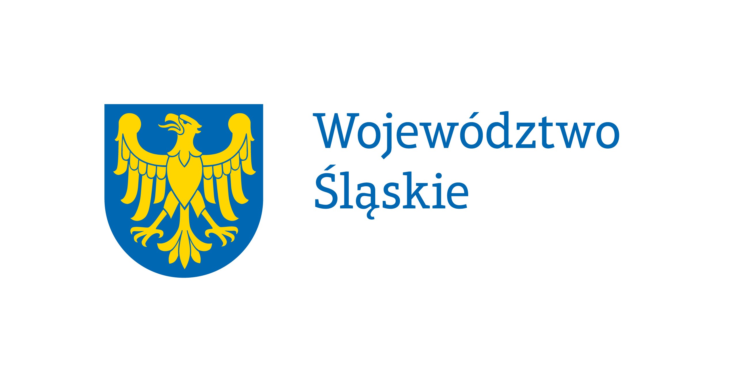 Po lewej stronie znajduje się niebieski herb z żółtym orłem, a po prawej napis „Województwo Śląskie” w kolorze niebieskim.