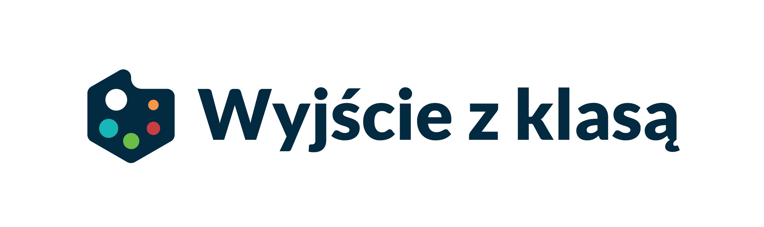 Logo „Wyjście z klasą” na białym tle. Po lewej stronie znajduje się znak graficzny z kolorowymi kropkami, a po prawej granatowy napis.