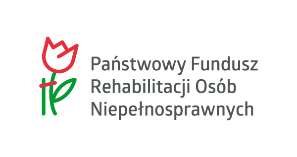 Logo Państwowego Funduszu Rehabilitacji Osób Niepełnosprawnych: czerwony kwiat z zieloną łodygą oraz pełna nazwa instytucji.