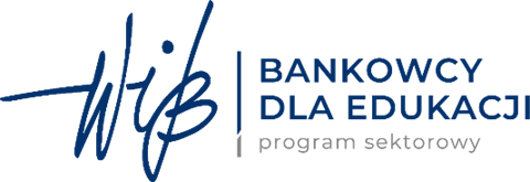 Logo programu &bdquo;Bankowcy dla Edukacji&rdquo;. Po lewej stronie granatowy podpis &bdquo;WIB&rdquo;, po prawej nazwa programu zapisana dużymi literami, pod kt&oacute;rą znajduje się mniejszy, szary napis &bdquo;program sektorowy&rdquo;.