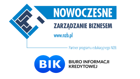 Logo programu edukacyjnego &bdquo;Nowoczesne Zarządzanie Biznesem&rdquo; z adresem strony www.nzb.pl. Pod logotypem widnieje informacja, że partnerem programu jest Biuro Informacji Kredytowej (BIK), kt&oacute;rego niebieskie logo znajduje się poniżej.