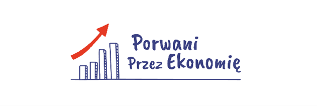 Cztery słupki wykresu rosnącego z czerwonym strzałkowym trendem w g&oacute;rę. Obok napis &bdquo;Porwani przez Ekonomię&rdquo; w odręcznym stylu, całość podkreślona cienką linią. Styl graficzny prosty, nawiązujący do edukacji ekonomicznej.