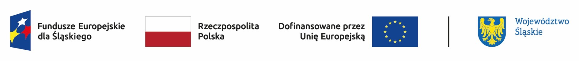 Obraz przedstawia zestaw logotyp&oacute;w instytucji i program&oacute;w związanych z finansowaniem projekt&oacute;w w wojew&oacute;dztwie śląskim. Widoczne są: logo Funduszy Europejskich dla Śląskiego, flaga Polski z napisem Rzeczpospolita Polska, logo Unii Europejskiej z informacją Dofinansowane przez Unię Europejską oraz herb wojew&oacute;dztwa śląskiego z napisem Wojew&oacute;dztwo Śląskie.