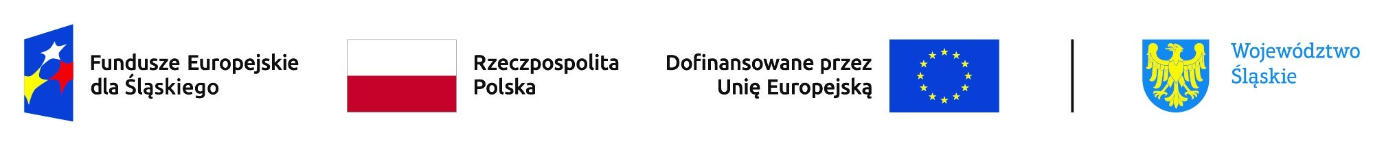 Cztery symbole ustawione w jednym rzędzie: znak Funduszy Europejskich dla Śląskiego, flaga Polski, flaga Unii Europejskiej z napisem o dofinansowaniu oraz herb Województwa Śląskiego z żółtym orłem na niebieskiej tarczy.