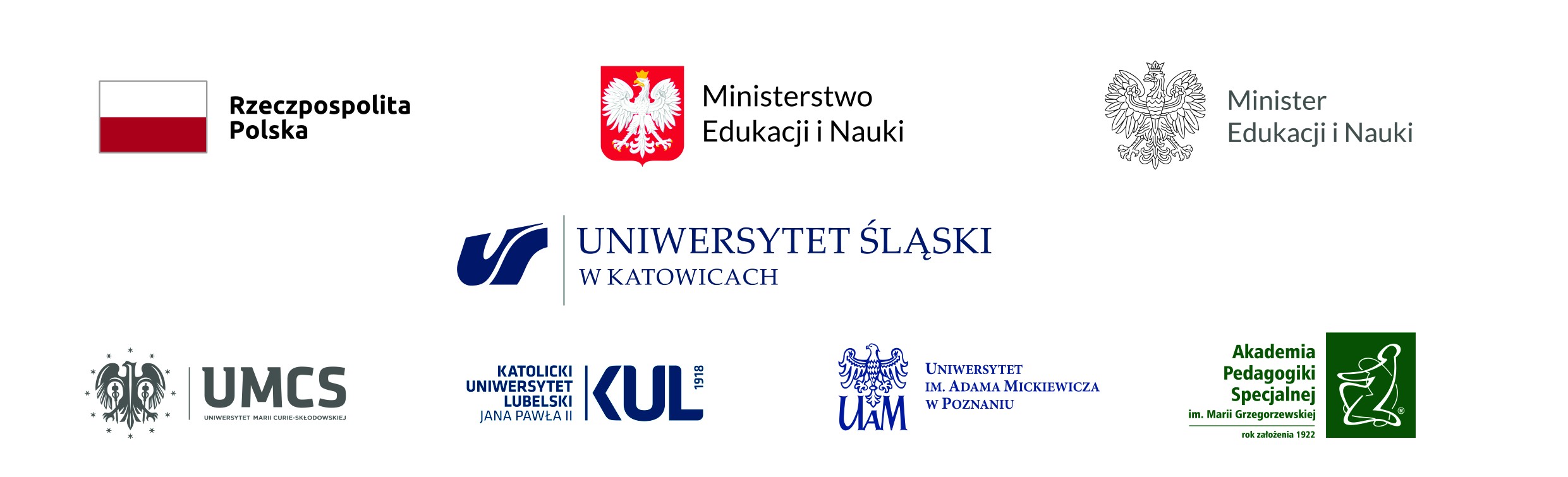 Grafika zawiera logotypy instytucji: flaga Polski i napis „Rzeczpospolita Polska”, godło Polski z napisem „Ministerstwo Edukacji i Nauki” oraz „Minister Edukacji i Nauki”, logotyp Uniwersytetu Śląskiego w Katowicach, Uniwersytetu Marii Curie-Skłodowskiej (UMCS), Katolickiego Uniwersytetu Lubelskiego Jana Pawła II (KUL), Uniwersytetu im. Adama Mickiewicza w Poznaniu (UAM) oraz Akademii Pedagogiki Specjalnej im. Marii Grzegorzewskiej.