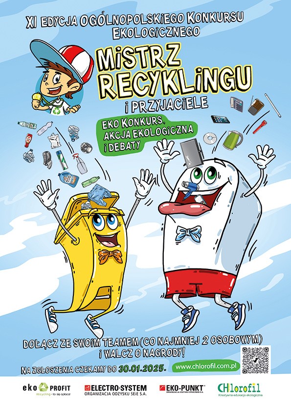 Grafika przedstawia dynamiczne, kolorowe postacie &ndash; ż&oacute;łty pojemnik na śmieci z kokardką oraz biały pojemnik z muchą, uśmiechnięte i w ruchu. Nad nimi tytuł konkursu &bdquo;Mistrz Recyklingu i Przyjaciele&rdquo;. W tle unoszące się przedmioty do recyklingu. U dołu informacje o terminach i organizatorach. Styl radosny i edukacyjny.