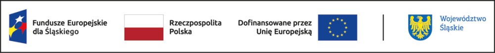 Zestaw czterech znak&oacute;w graficznych przedstawiających logotypy: Fundusze Europejskie dla Śląskiego, flagę Polski z napisem &bdquo;Rzeczpospolita Polska&rdquo;, flagę Unii Europejskiej z opisem dofinansowania oraz herb Wojew&oacute;dztwa Śląskiego.