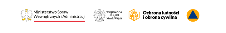 Pas z logotypami instytucji, w tym Ministerstwa Spraw Wewnętrznych i Administracji, Wojewody Śląskiego oraz oznaczeniami ochrony ludności i obrony cywilnej.