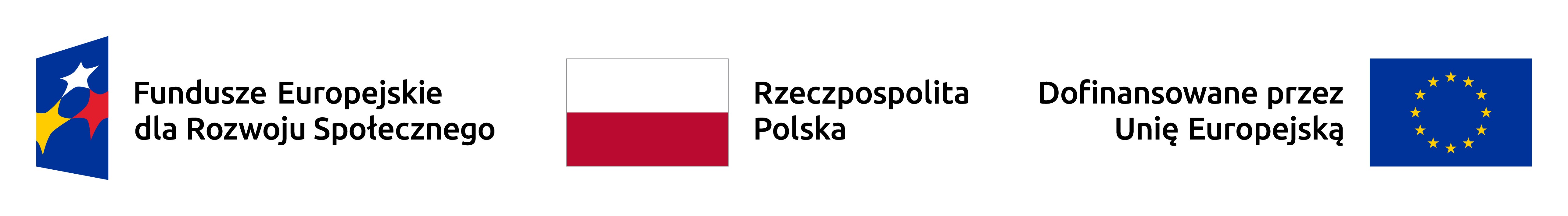 Zestaw trzech oznaczeń: logo Funduszy Europejskich dla Rozwoju Społecznego, flaga Polski z podpisem Rzeczpospolita Polska oraz flaga Unii Europejskiej z podpisem Dofinansowane przez Unię Europejską.