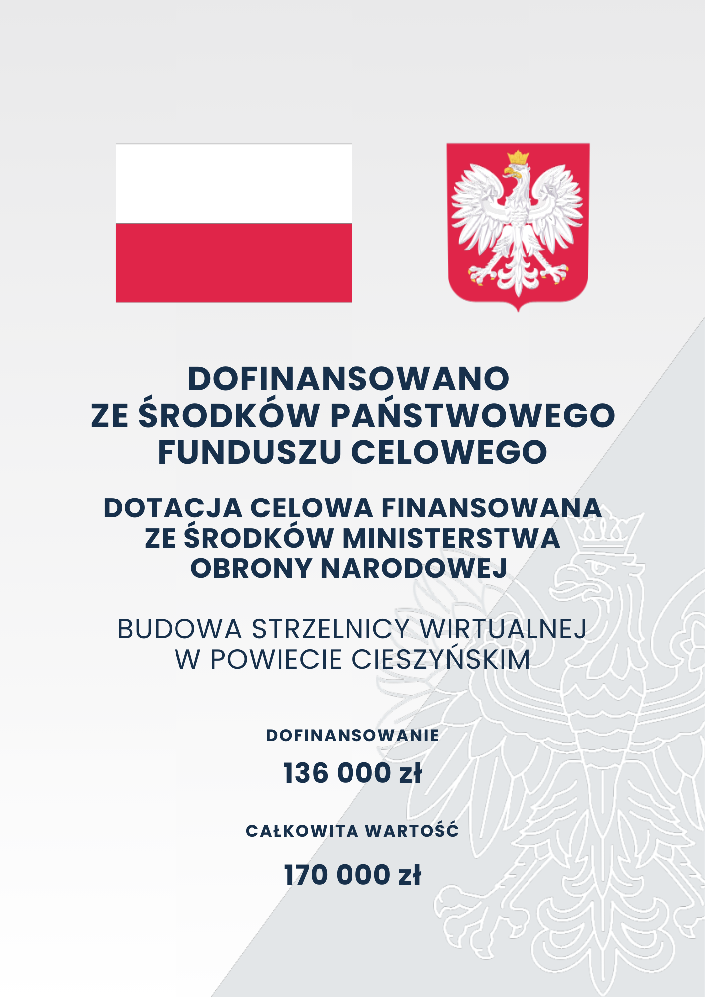Plakat informujący o dofinansowaniu ze środk&oacute;w państwowego funduszu celowego - budowa strzelnicy wirtualnej w powiecie cieszyńskim 
