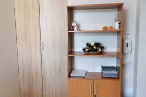 Pomieszczenie z drewnianą podłogą, regałem z półkami i szafką dolną. Na półkach znajdują się dokumenty i dekoracje. Obok regału kosz na śmieci i szafa z przesuwnymi drzwiami.
