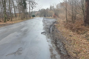 Droga asfaltowa przebiegająca przez teren leśny. Po prawej stronie widoczne uszkodzenia pobocza i zanieczyszczenia nawierzchni. Po obu stronach drzewa bez liści. Nawierzchnia wilgotna, niebo zachmurzone.