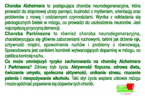 Biała grafika informacyjna z zielonym tekstem dotyczącym chorób Alzheimera i Parkinsona. Tekst opisuje objawy obu chorób oraz wskazuje działania mogące zmniejszać ryzyko zachorowania, m.in. aktywność fizyczną, zdrową dietę i aktywność społeczną. W prawym dolnym rogu znajduje się logo Cieszyńskiego Klubu Zdrowia.