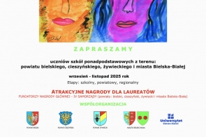 Zaproszenie na XIV Regionalną Olimpiadę Wiedzy o Zdrowiu Psychicznym. W centrum dwie kolorowe twarze – pomarańczowo-żółta i różowo-fioletowa z puzzlami na czole. Podany termin wrzesień–listopad 2025 oraz informacja, że wydarzenie skierowane jest do uczniów szkół ponadpodstawowych z powiatów bielskiego, cieszyńskiego, żywieckiego i miasta Bielska-Białej.
