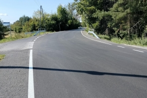 Wyasfaltowana droga biegnie między ogrodzeniami posesji z zielenią i krzewami. W tle widać domy jednorodzinne, a nad nimi niebo z białymi chmurami.