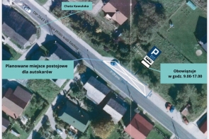 Prosta mapa okolicy Chaty Kawuloka z zaznaczonym miejscem postojowym dla autokarów przy głównej drodze oraz informacją, że parking działa w godzinach 9:00–17:00.