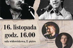 Grafika promująca wydarzenie „Dwaj najwięksi bardowie XX wieku”. Zawiera czarno-białe fotografie dwóch artystów przy mikrofonach, datę, godzinę, miejsce wydarzenia oraz zdjęcia wykonawców.