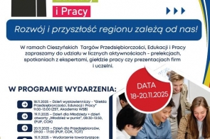 Grafika przedstawia datę , program wydarzenia, dane kontaktowe, kod QR oraz logotypy partnerów. Po lewej stronie znajduje się grafika wieży, a po prawej zdjęcie młodych osób przy stole.