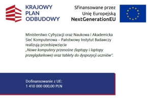 Grafika informacyjna w białej, granatowej i czerwonej kolorystyce. Widoczne są logotypy oraz informacja o przedsięwzięciu dotyczącym nowych laptopów i tabletów dla uczniów. Na dole podano kwotę dofinansowania z UE.