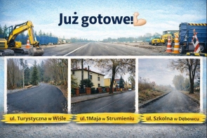 Grafika informująca o zakończonych remontach dróg. U góry widoczny jest napis „Już gotowe!” oraz zdjęcie drogi z maszynami budowlanymi. Na dole znajdują się trzy zdjęcia wyremontowanych odcinków ulic.