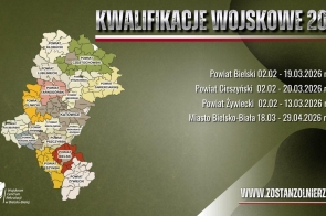 Po lewej stronie widoczna jest mapa z zaznaczonymi powiatami, a po prawej lista terminów kwalifikacji dla powiatów bielskiego, cieszyńskiego, żywieckiego oraz miasta Bielsko-Biała.