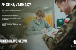  Po lewej stronie widnieje lista dokumentów, które należy zabrać, a po prawej zdjęcie młodego mężczyzny siedzącego przy biurku i osoby w mundurze.