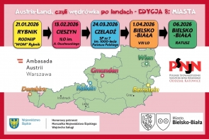 Różowe tło z czerwonymi pasami u góry i na dole. U góry duży napis „Austria-Land, czyli wędrówka po landach – EDYCJA 8: MIASTA” oraz kolorowe pola z datami i miejscami: Rybnik, Cieszyn, Czeladź i Bielsko-Biała. Pośrodku znajduje się mapa Austrii z zaznaczonymi nazwami miast. Po bokach umieszczono logotypy Ambasady Austrii w Warszawie oraz PSNn, a na dole herby Województwa Śląskiego i miasta Bielsko-Biała.