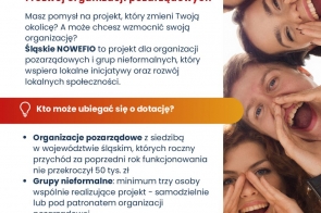 Na jasnym tle widoczne są logotypy BCP, CRIS oraz Śląskie NOWEFIO  oraz informacja o mikrodotacjach na lokalne inicjatywy i rozwój organizacji.  Po prawej stronie znajduje się zdjęcie kilku uśmiechniętych młodych osób.