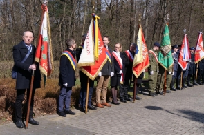 Poczet sztandarowy i uczestnicy uroczystości stoją w rzędzie na świeżym powietrzu, trzymając kolorowe sztandary i flagi, część z nich ma biało-czerwone szarfy.