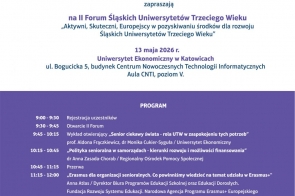 Zaproszenie na forum z datą, miejscem oraz programem wydarzenia; całość na ciemnym tle z elementami graficznymi w odcieniach niebieskiego i fioletu.