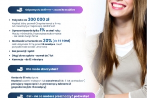 Uśmiechnięta kobieta obok informacji o wsparciu dla młodych na założenie firmy; jasne tło, niebiesko-fioletowe elementy i logotypy.