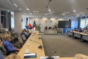 Sala sesyjna, za stołami siedzą radni, na stołach stoją mikrofony, w tle widać flagi.