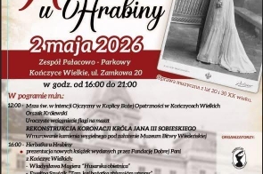 Plakat z napisem „Herbatka u Hrabiny” i zdjęciem kobiety w dawnej sukni.