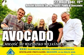 Plakat koncertu zespołu Avocado z dużymi białymi napisami i zdjęciem pięciu osób stojących na tle zieleni.