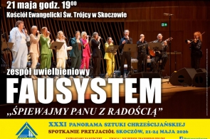 Ciemny plakat koncertu zespołu Faustystem z dużymi białymi napisami i zdjęciem grupy muzycznej występującej na scenie w kolorowych strojach.