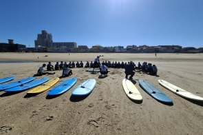 Na piaszczystej plaży leżą deski surfingowe w różnych kolorach, ustawione w rzędzie. W tle grupa osób siedzi na piasku.