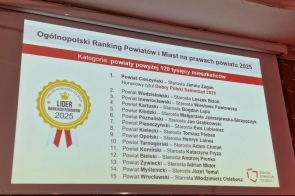 Na ekranie wyświetlona jest prezentacja z wynikami Ogólnopolskiego Rankingu Powiatów i Miast na prawach.