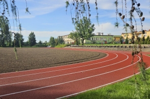 Bieżnia lekkoatletyczna z czerwonymi torami znajduje się obok trawiastego boiska. W tle widać budynki, drzewa i plac zabaw, a na pierwszym planie zwisają gałęzie drzewa.