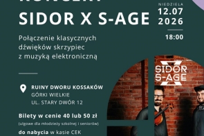 Plakat zapowiada koncert „Sidor x S-age”. Po prawej stronie widoczny jest muzyk z gitarą, po lewej informacje o wydarzeniu.
