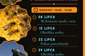 Plakat wydarzenia z listą występów lub punktów programu. Na ciemnym tle widoczne są żółte grafiki, zdjęcia zwierząt i kolorowe napisy.