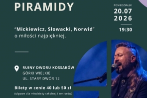 Plakat koncertu „Dżentelmeni w blasku świec”. Na ciemnej grafice widać zespół w eleganckich strojach, instrumenty, świeczniki i złote napisy z informacjami o wydarzeniu.  