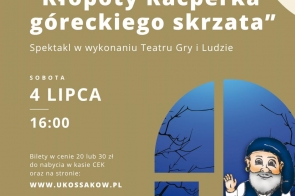 Plakat spektaklu dla dzieci „Kłopoty Kacperka góreckiego skrzata”. Na niebiesko-beżowym tle widać datę, godzinę i ilustrację skrzata.