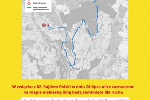 Grafika w żółtej ramce przedstawia mapę czasowo zamkniętych dróg w rejonie Kiczyc, Pierśćca i Ochab. Zamknięcie potrwa od 7:50 do 17:00, z przerwą dla ruchu lokalnego od 12:00 do 12:30.