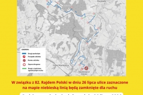 Grafika w żółtej ramce przedstawia mapę czasowo zamkniętych dróg w rejonie Moszczenicy, Ruptawy i Marklowic. Zamknięcie potrwa od 11:00 do 19:00, z przerwą dla ruchu lokalnego od 15:00 do 15:30. 