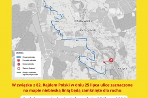 Grafika w żółtej ramce przedstawia mapę czasowo zamkniętych dróg w rejonie Ochab i Kiczyc. Zamknięcie potrwa od 8:00 do 19:00, z przerwą dla ruchu lokalnego od 13:00 do 14:30.