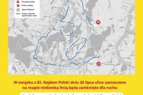 Grafika w żółtej ramce przedstawia mapę czasowo zamkniętych dróg w gminie Hażlach. Zamknięcie potrwa od 8:45 do 17:00, z przerwą dla ruchu lokalnego od 12:50 do 13:20.