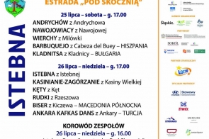 Grafika informacyjna w pomarańczowo-biało-granatowej kolorystyce. Zawiera program koncertów w Istebnej, daty, listę zespołów, informacje o korowodzie oraz logotypy organizatorów i partnerów.
